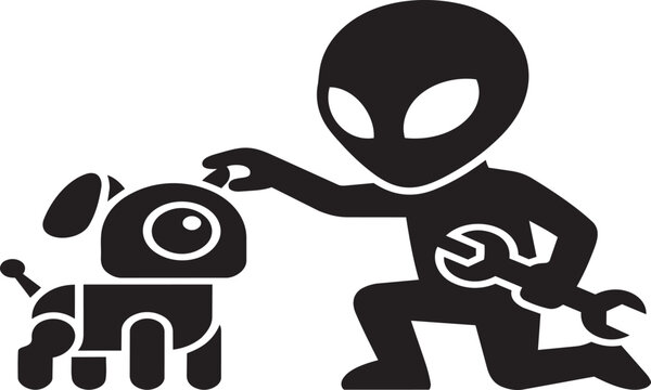 Black silhouette of alien kneeling and fixing small robotic dog with wrench in hand
