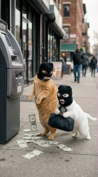 Comedic Close-Up Street Scene Of Two Cats In Black Ski Masks Looting An Atm On A City Sidewalk