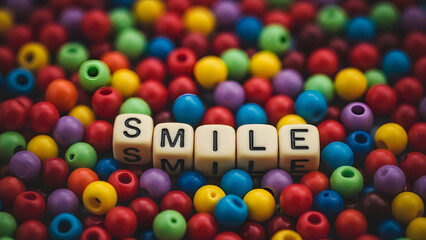 A vibrant display of colorful beads with the word smile spelled out in bold letters