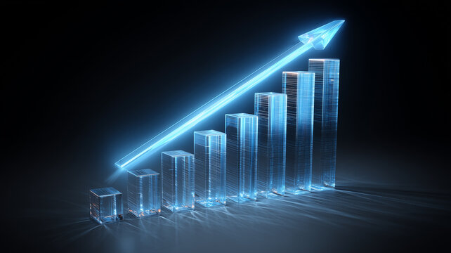 A glowing upward arrow above transparent bar columns illustrating financial growth, performance analytics and data driven business progress.
 - Powered by Adobe