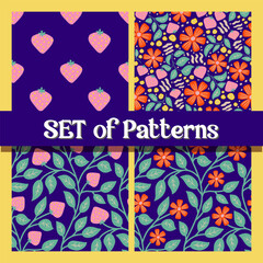 Bright Seamless Botanical and Strawberry Pattern Set with Vibrant Colorful Summer Elements