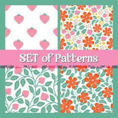 Soft Delicate Seamless Botanical and Strawberry Pattern Set with Gentle Natural Elements