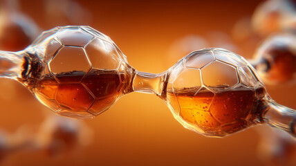 Two connected molecular structures containing liquid illustrating chemical bonding scientific research and molecular interaction.

