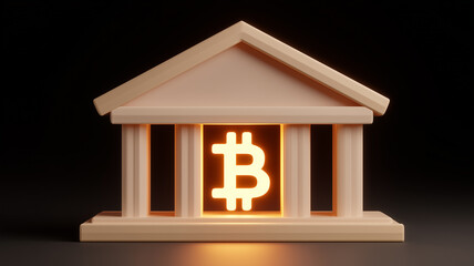 Bitcoin symbol inside a classical bank building, representing cryptocurrency adoption and institutional finance integration.
