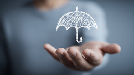Hand holding an umbrella icon in mid air, representing personal protection risk management and insurance concept.
