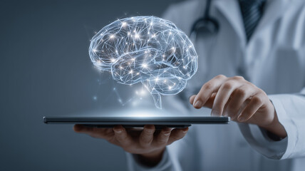 Doctor holding a digital brain hologram emerging from a tablet to illustrate artificial intelligence enhancing medical diagnosis and future healthcare innovation.
