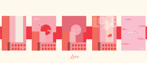 Romantic city poster set with love themes, hearts, airplanes, and soft pink tones. Flat illustrations for Valentine&rsquo;s Day, wedding invites, social media, and romantic branding.