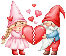 Valentine PNG, Two gnomes sharing a broken heart for valentine's day illustration