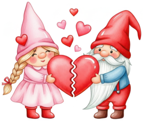 Valentine PNG, Two gnomes sharing a broken heart for valentine's day illustration
