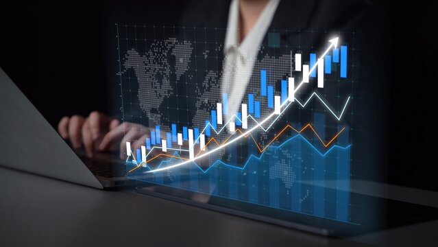 A businesswoman works on her laptop, analyzing a digital growth chart with a global map in the background. This image represents financial strategy and market analysis. Copula - Powered by Adobe