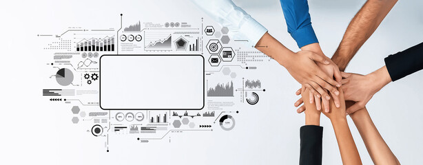 A group of diverse hands coming together symbolizes teamwork and support, enhanced by business analytics graphics in a modern workspace, representing collaboration and success. Trope
