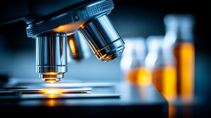 A microscope focused on a sample illustrating scientific research laboratory analysis and medical discovery concept.
