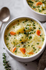 Creamy vegetable soup in bowl topped with herbs, cozy homemade meal
