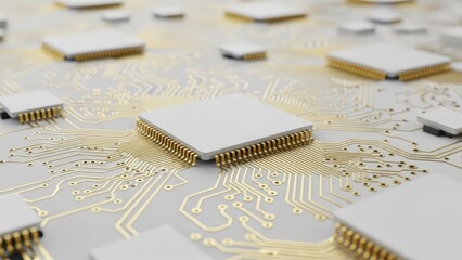 Microprocessor Chips on Circuit Board Surface.
