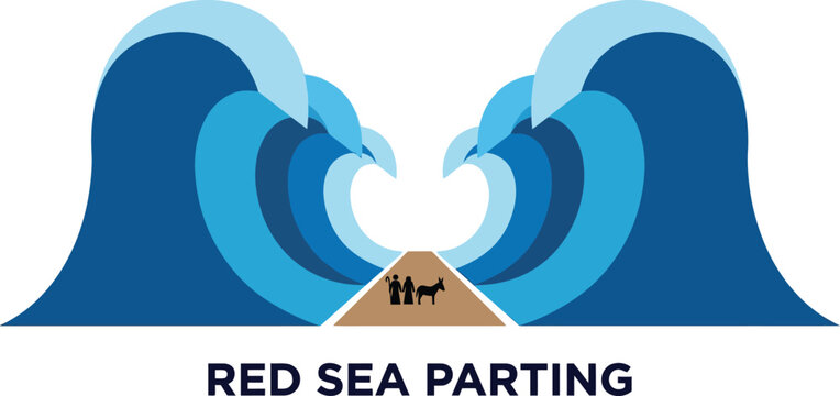 Biblical scene of red sea parting miracle with huge blue waves and moses leading people to freedom on dry path during exodus from egypt for religious passover holiday history narrative.