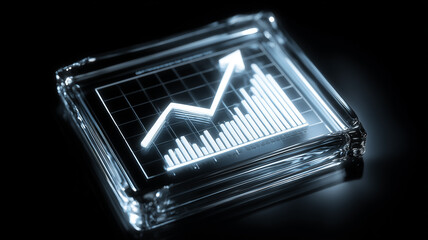 A transparent financial chart with an upward arrow illustrating business growth performance analysis and positive economic forecasting.
