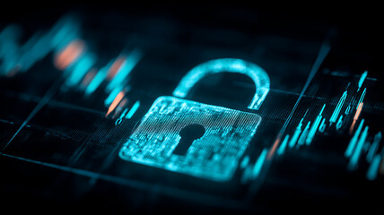 A digital padlock icon displayed over financial charts illustrating data protection cybersecurity risk management and secure information systems.

