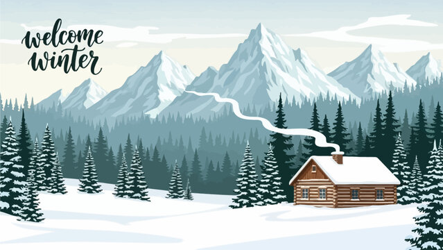 Cozy wooden cabin nestled in a pristine snowy mountain landscape, surrounded by an evergreen forest, portraying the serene beauty of a peaceful winter wonderland scene