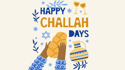 Obraz premium Joyful vector illustration celebrating cultural festive days with decorative hands holding challah bread and traditional symbols, perfect for warm greetings