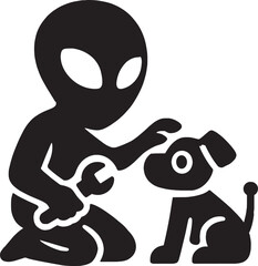 Stylized black silhouette of an alien petting a robot dog