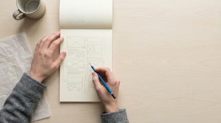 Person sketches wireframe layout in notebook at desk