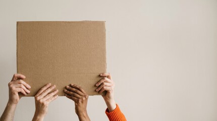 Group of hands holding a cardboard sign in anonymity