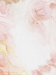 Pink,Yellow abstract background,Luxurious alcohol ink painting,soft liquid marble texture on watercolour paper,gold glitter detail.Vertical illustration modern alcohol ink design background 