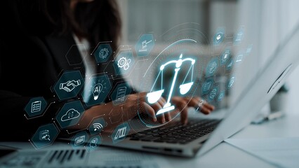 Fototapeta na wymiar Artificial intelligence enhances legal systems through automation, AI decision support, and legal analytics. Legal system and justice AI transform operations. Marrow