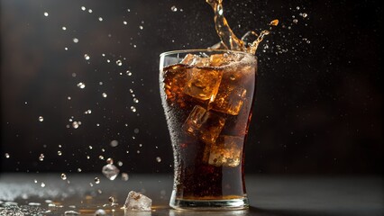Close-up of cold cola glass with ice cubes, splash effect as liquid hits surface, droplets flying, cinematic lighting, high-detail realism, isolated dark background,