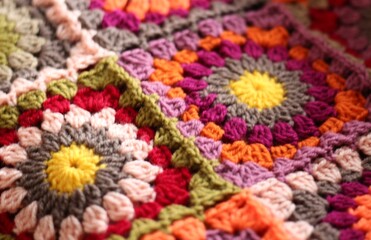 Granny square crocheted blanket with different colors motives, retro vintage craft handmade handiwork crocheting, beautiful plaid photo cozy winter or autumn background wool thing yarn warm bohemian 