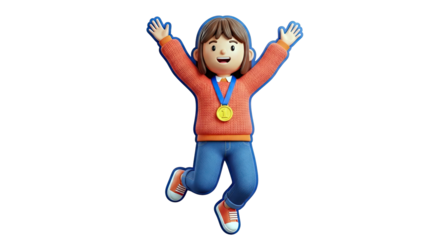 3D Character Celebrating with First Place Medal