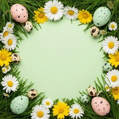Easter eggs and daisies arranged in a circular frame on green grass flowers