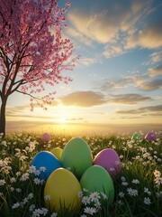Easter Eggs in a Field of Daisies Under a Blooming Cherry Tree at Sunset spring nature