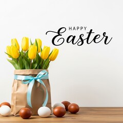 Happy Easter Greeting with Yellow Tulips and Decorative Eggs image photo