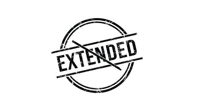 Black grunge rubber stamp with the word extended, indicating a deadline extension or prolonged period, isolated on a white background.