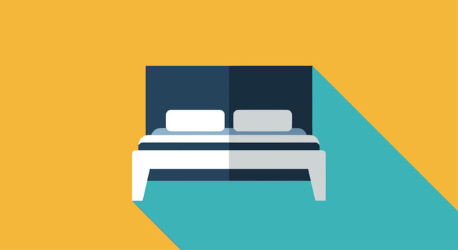 A modern flat design icon of a double bed with a long shadow, set against a split yellow and teal background for hotel or home decor.