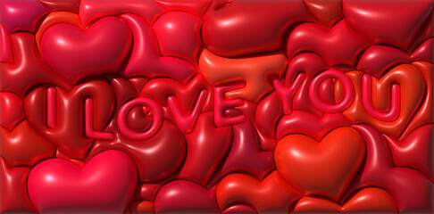 Volumetric red hearts, 3D text I LOVE YOU, glossy texture, inflatable shapes