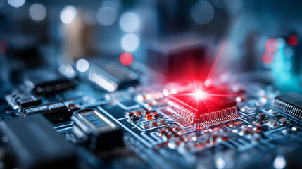 Circuit board with bright red light signifying advanced technology and business excellence strategies in corporate growth, electronic success indicator, with copy space