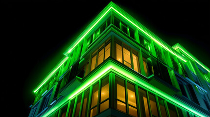 Obraz premium Striking building emitting neon green glow capturing essence of urban environment and modern architecture trends, fluorescent structure, with copy space