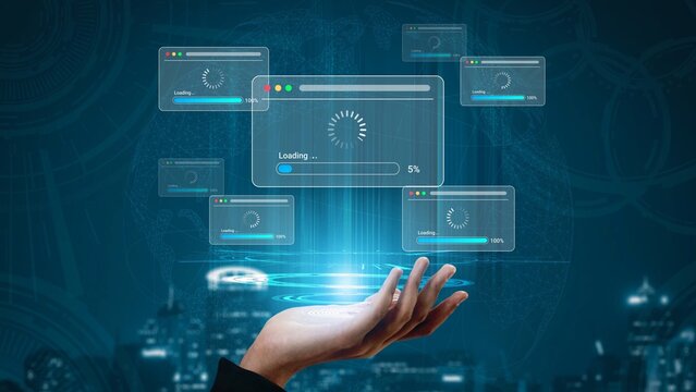Futuristic Hand Displaying Digital Loading Icons with Progress Indicators Over a Modern Cityscape Background and Technology Concept Visuals Gluon.