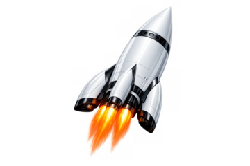 White rocket blasting off with fiery exhaust, symbolizing startup launch, innovation, space travel, and business growth