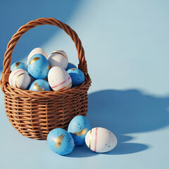 Wicker Basket Filled with Decorated Easter Eggs and Scattered Eggs on a Blue Surface decorated eggs