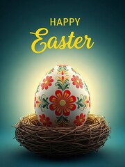 Ornate Easter Egg in a Nest with " Happy Easter" Text on a Teal Gradient Background ornate egg