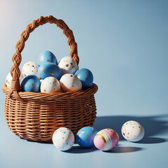 Woven Easter Basket Filled With Decorated Eggs on a Blue Background wicker
