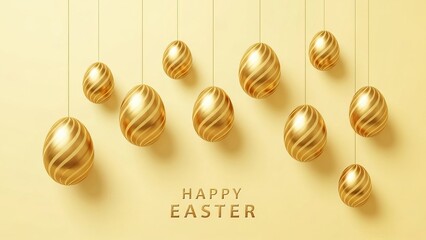 Golden Striped Easter Eggs Hanging Against a Soft Yellow Background with Happy Easter Text