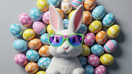 Cute White Easter Bunny Wearing Sunglasses Surrounded by Colorful Decorated Eggs rabbit