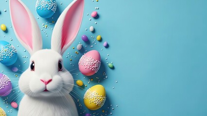Adorable White Easter Bunny Surrounded by Colorful Decorated Eggs and Sprinkles white rabbit