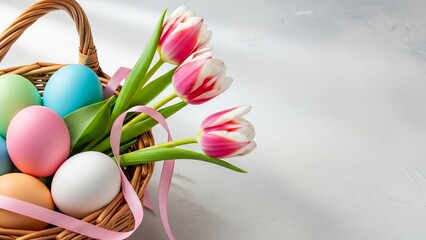 Wicker Easter Basket Filled with Pastel Eggs and Pink and White Tulips wicker basket pink eggs
