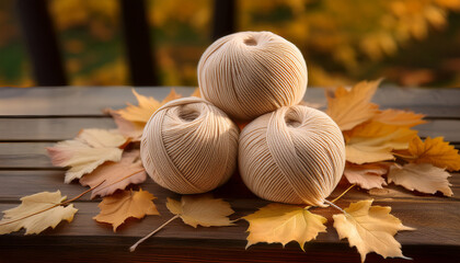 Three Balls Of Beige Yarn Are Folded On A Wooden Surface Surrounded By Dry Autumn Leaves