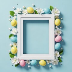 White Frame Decorated with Easter Eggs, Flowers, and Green Leaves on Blue Background easter frame